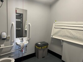 Space to change toilet showing sink, mirror and changing table